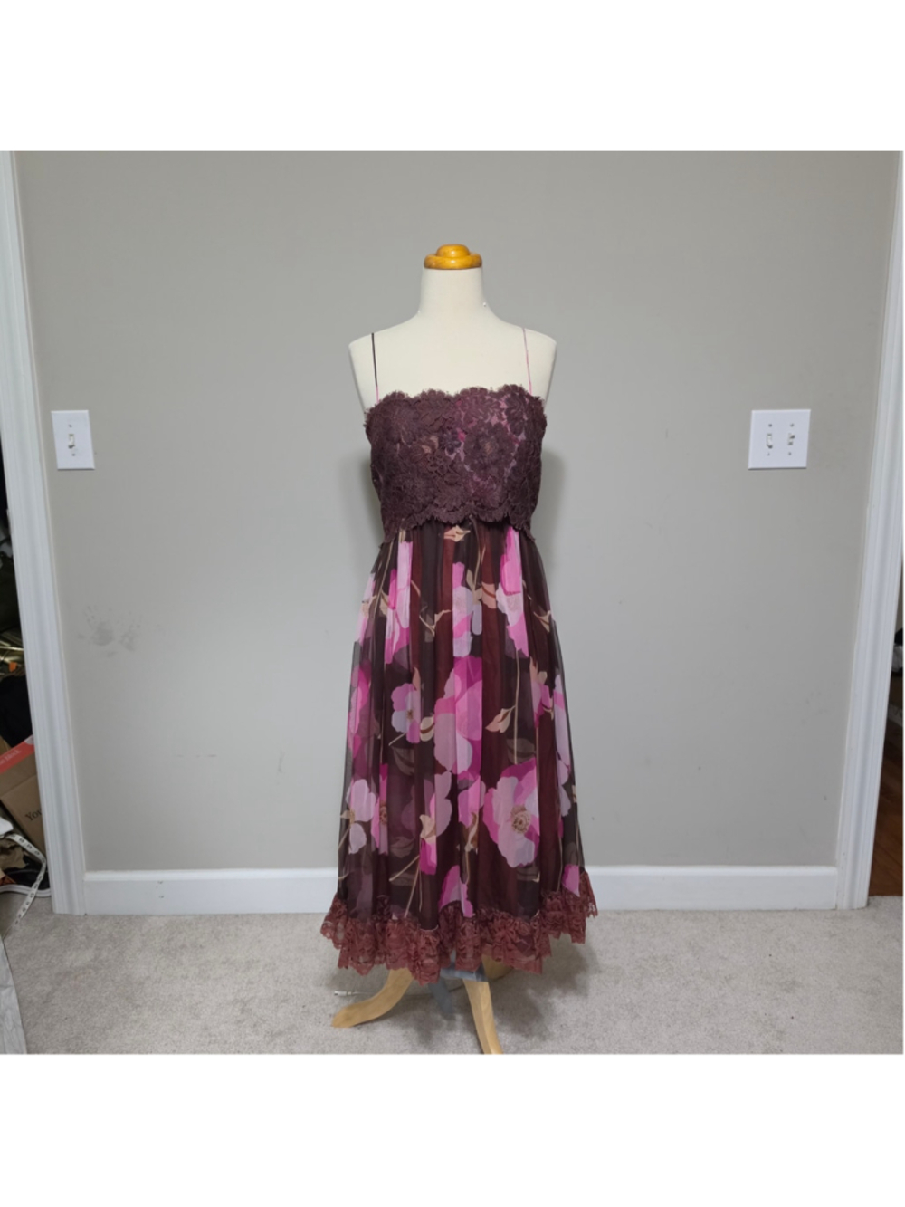 Mignon Paris New York Floral Silk Chiffon Lace Trim Midi Dress Spaghetti S/M